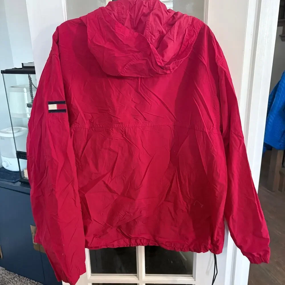 VTG Tommy Hilfiger Windbreaker Preppy Retro GORPCORE  Red Hooded Anorak L Unisex